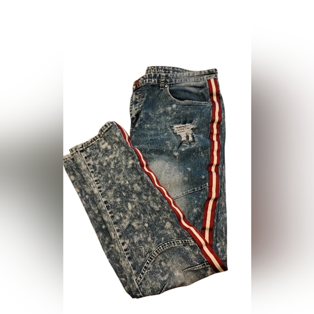 Rue21 Acid Wash Blue Slim Straight Jeans with Red Side Stripe